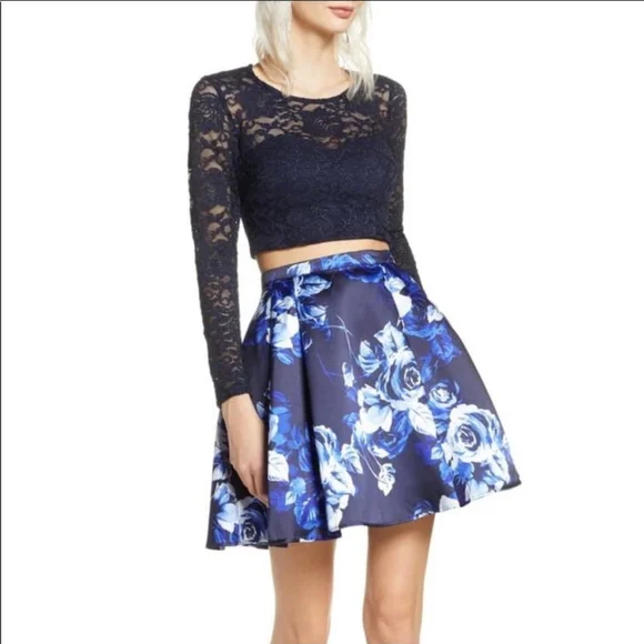 sequin hearts 2 piece dress Sequin Hearts Junior Womens 0 Navy Pink 2 Piece Sequined Lace Floral Gown  NWT